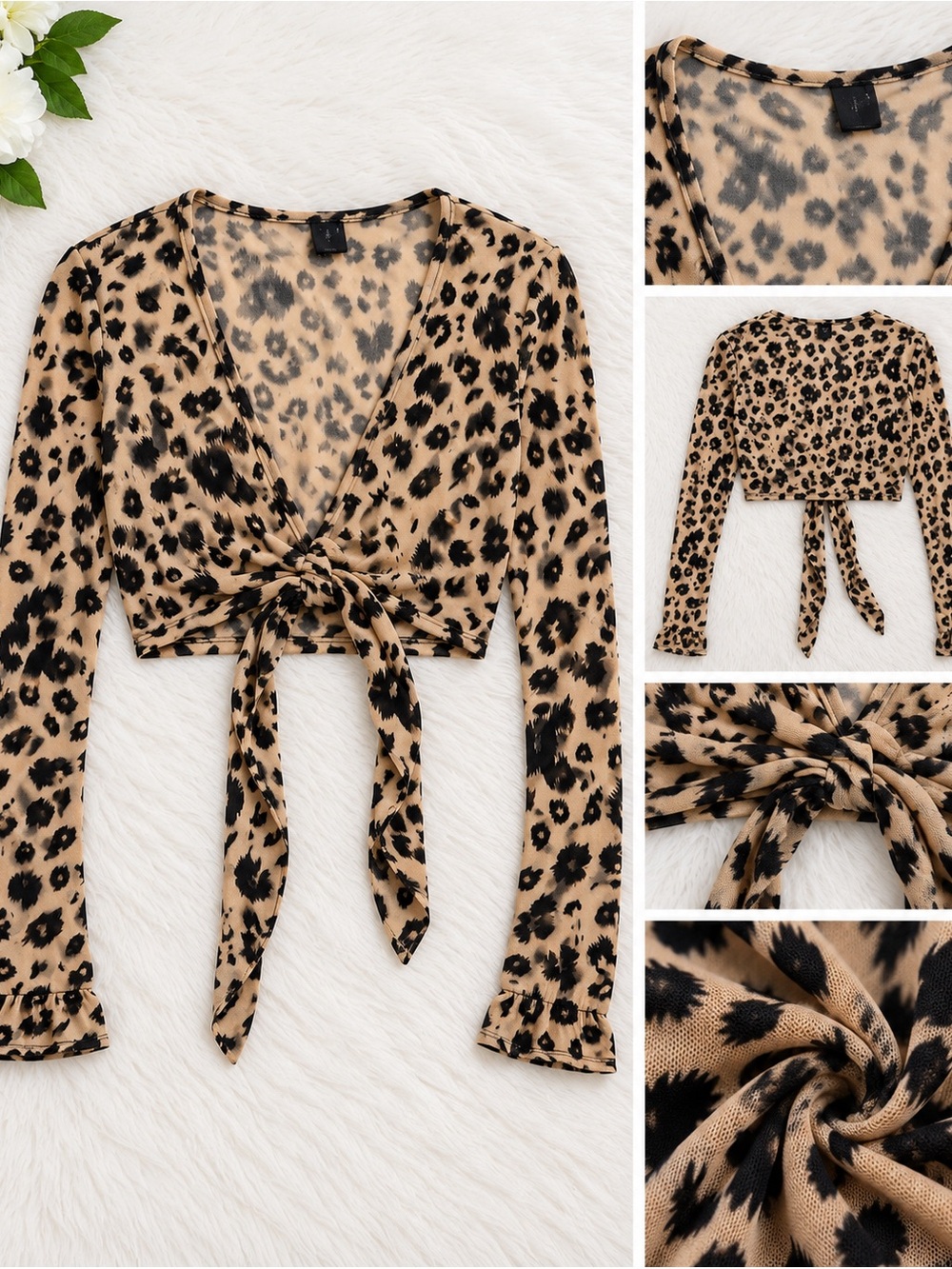 Windsor Leopard Tie-Front Long Sleeve Crop Top - Tan and Black